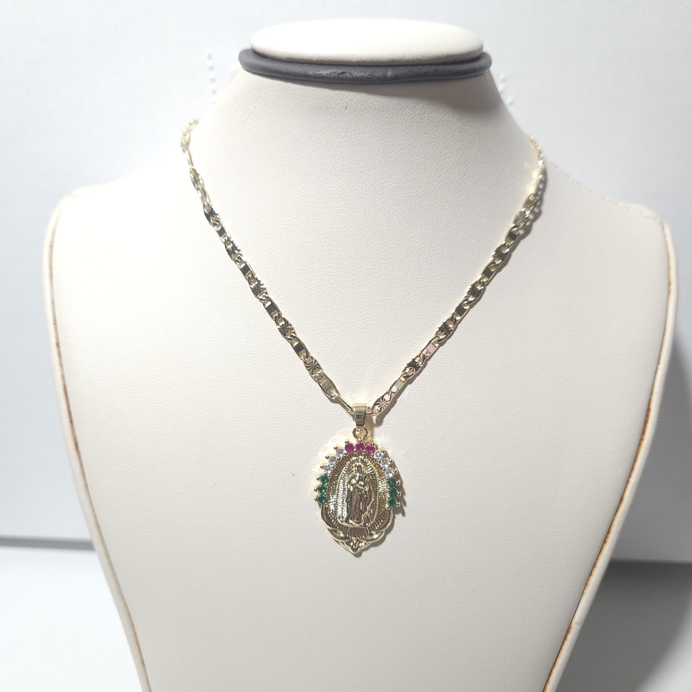 Gold plated Virgin Guadalupe Pendant Necklace with Stones